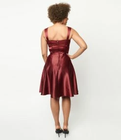 Unique Vintage Burgundy Satin Corset Flare Dress Trending