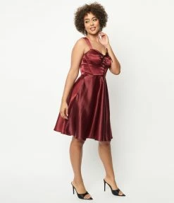 Unique Vintage Burgundy Satin Corset Flare Dress Trending