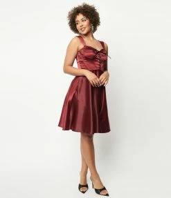 Unique Vintage Burgundy Satin Corset Flare Dress Trending
