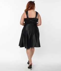 Unique Vintage Plus Size Black Satin Corset Flare Dress Trending