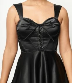 Unique Vintage Black Satin Corset Flare Dress
