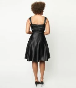 Unique Vintage Black Satin Corset Flare Dress