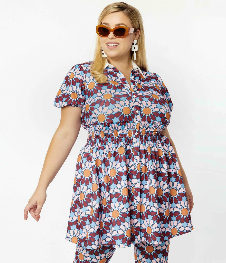 Smak Parlour Plus Size Blue & Pink Flower Power Babydoll Blouse Trending