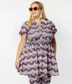 Smak Parlour Plus Size Blue & Pink Flower Power Babydoll Blouse Trending