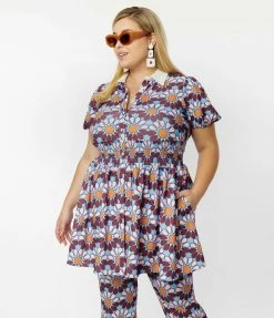 Smak Parlour Plus Size Blue & Pink Flower Power Babydoll Blouse Trending