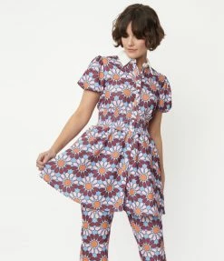 Smak Parlour Blue & Pink Flower Power Babydoll Blouse