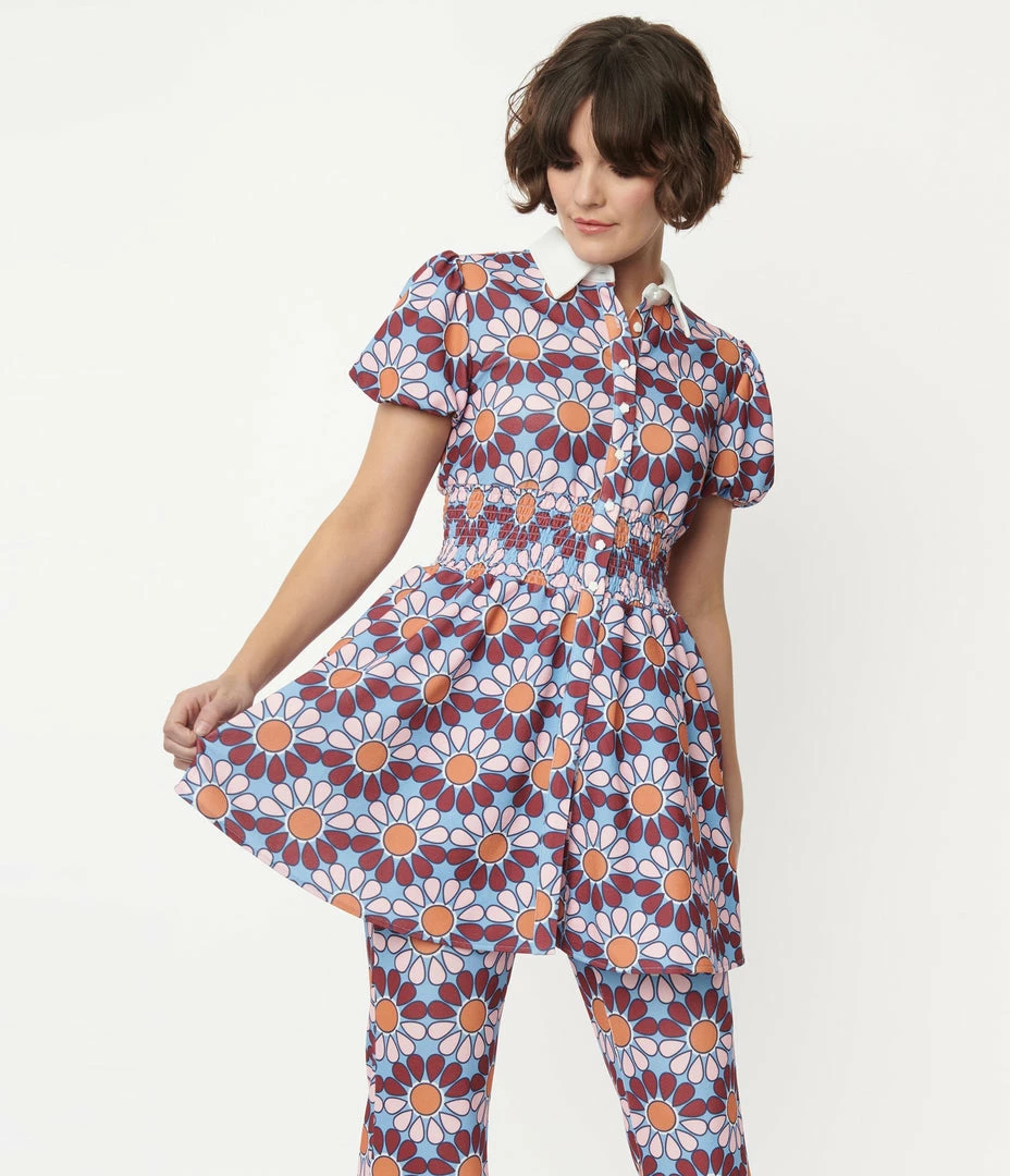 Smak Parlour Blue & Pink Flower Power Babydoll Blouse