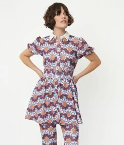 Smak Parlour Blue & Pink Flower Power Babydoll Blouse