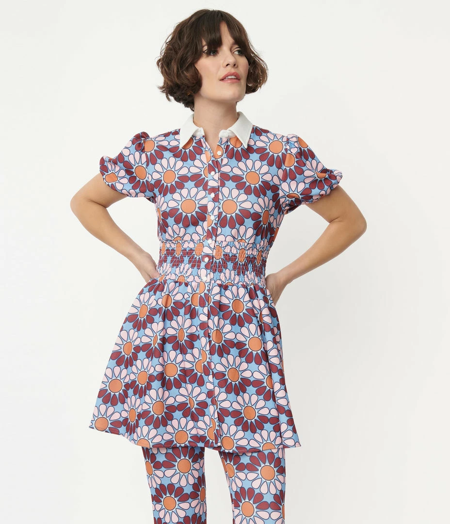 Smak Parlour Blue & Pink Flower Power Babydoll Blouse