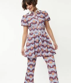 Smak Parlour Blue & Pink Flower Power Babydoll Blouse