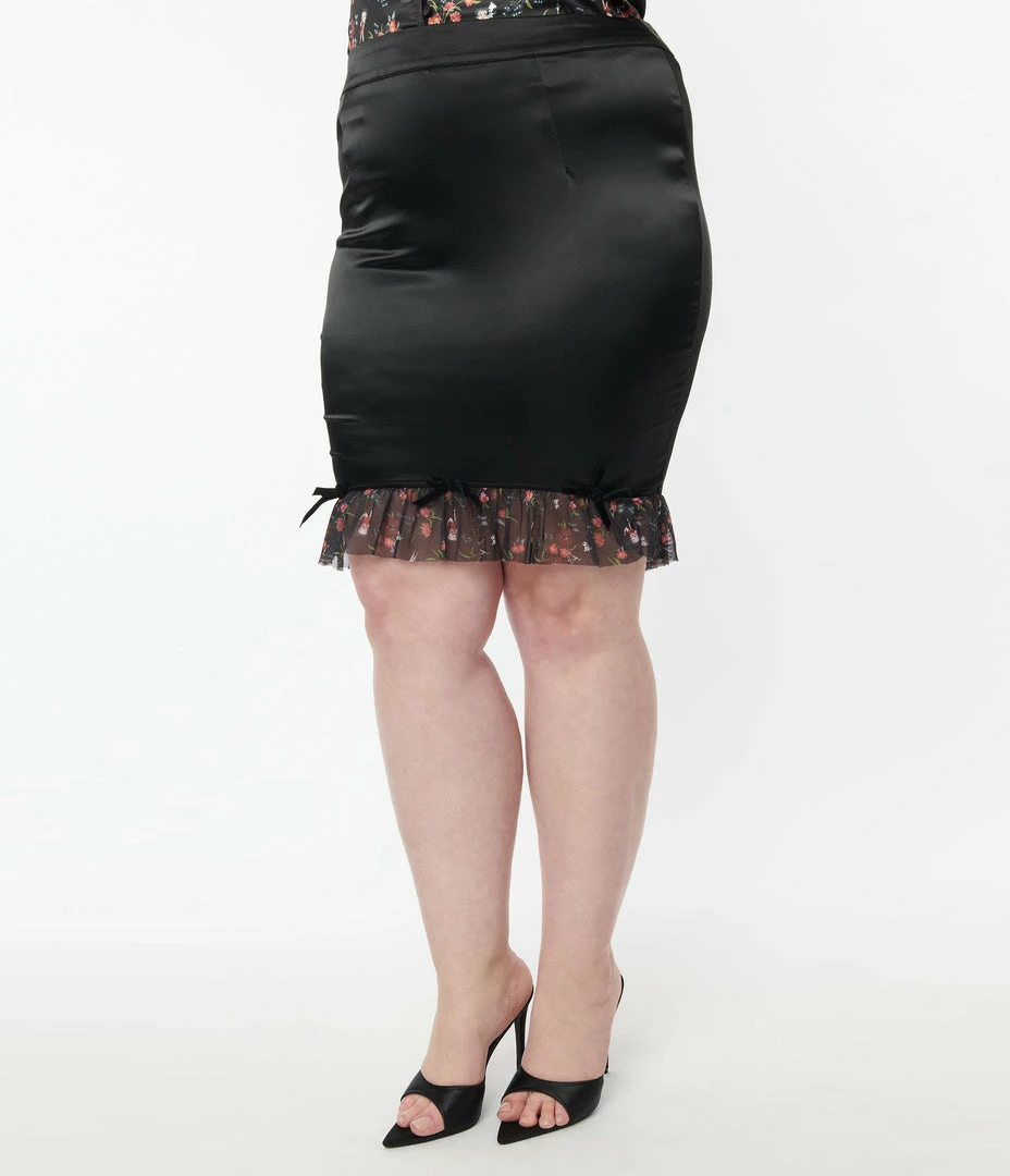 Betty Boop X Unique Vintage Plus Size Black Satin Mini Skirt Fan Flair