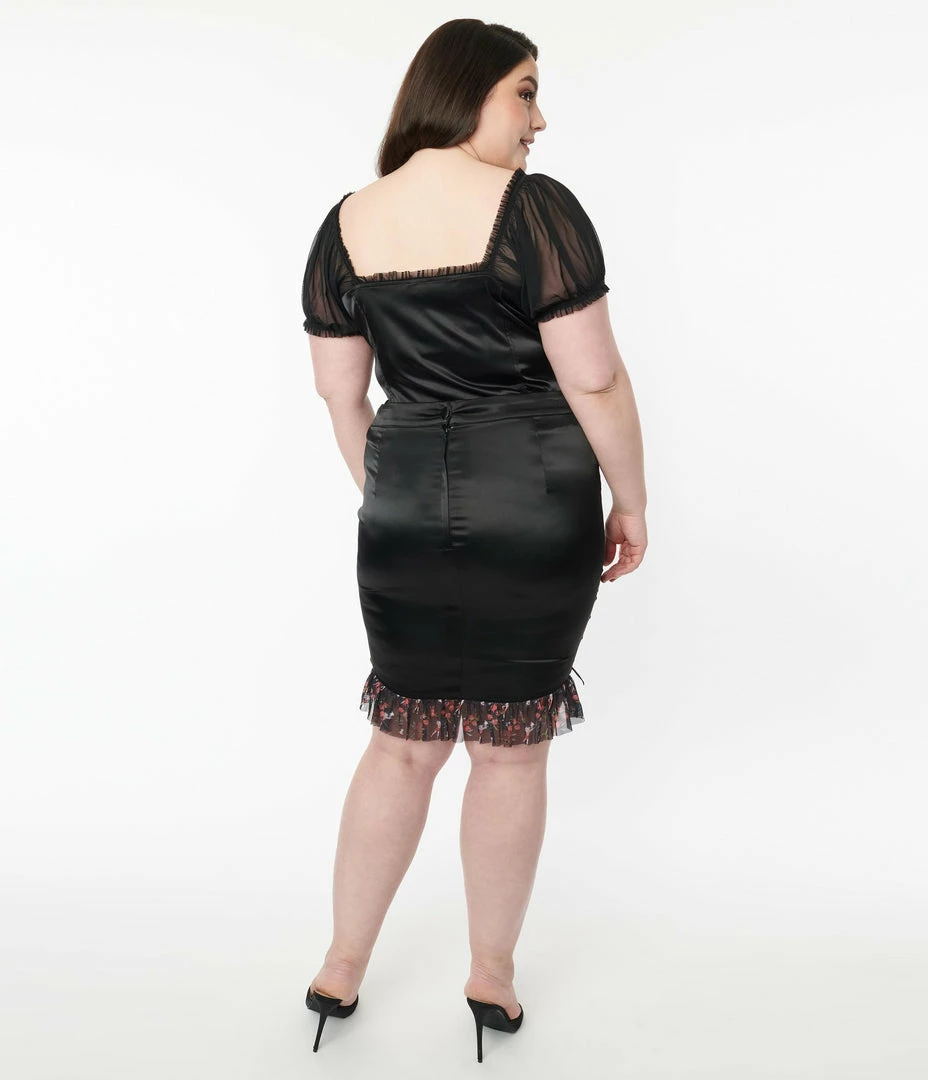 Betty Boop X Unique Vintage Plus Size Black Satin Mini Skirt Fan Flair