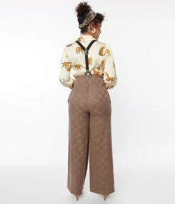 Unique Vintage Brown Windowpane Plaid Suspender Pants Trending