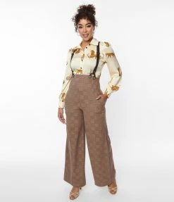 Unique Vintage Brown Windowpane Plaid Suspender Pants Trending