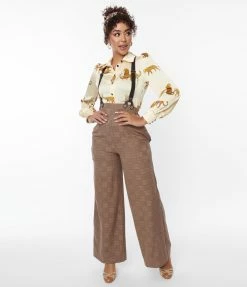 Unique Vintage Brown Windowpane Plaid Suspender Pants Trending