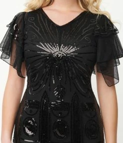 Unique Vintage 1920s Black Sequin Flutter Sleeve Flapper Dress Sale