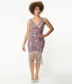Clothing Unique Vintage 1920s Light Purple & Silver Sequin Flapper Dress