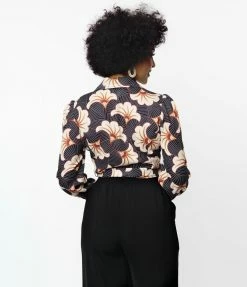 Unique Vintage Black & Ivory Deco Floral Print Bodysuit Trending