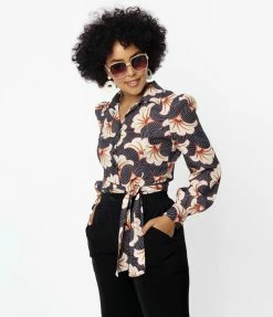 Unique Vintage Black & Ivory Deco Floral Print Bodysuit Trending