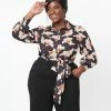 Trending Unique Vintage Plus Size Black & Ivory Deco Floral Print Bodysuit