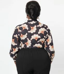 Trending Unique Vintage Plus Size Black & Ivory Deco Floral Print Bodysuit