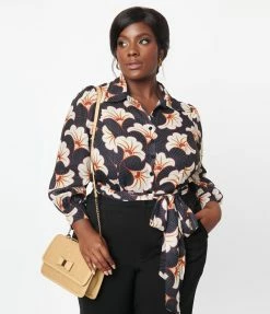 Trending Unique Vintage Plus Size Black & Ivory Deco Floral Print Bodysuit