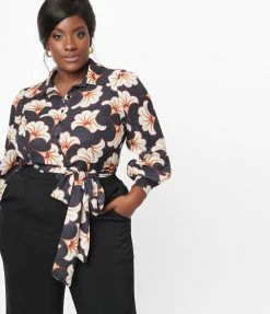 Trending Unique Vintage Plus Size Black & Ivory Deco Floral Print Bodysuit