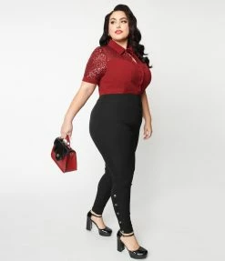 Unique Vintage Plus Size Black Side Snap Rizzo Cigarette Pants Clothing