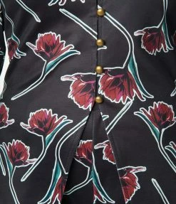 Unique Vintage Black & Burgundy Floral Print Blouse Sale
