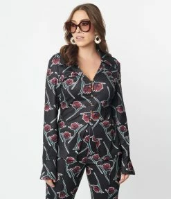 Unique Vintage Black & Burgundy Floral Print Blouse Sale