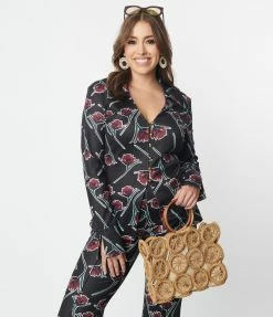 Unique Vintage Black & Burgundy Floral Print Blouse Sale