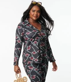 Unique Vintage Plus Size Black & Burgundy Floral Print Blouse