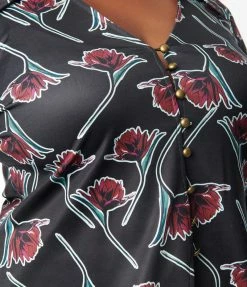 Unique Vintage Plus Size Black & Burgundy Floral Print Blouse