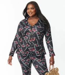 Unique Vintage Plus Size Black & Burgundy Floral Print Blouse