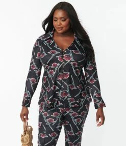 Unique Vintage Plus Size Black & Burgundy Floral Print Blouse