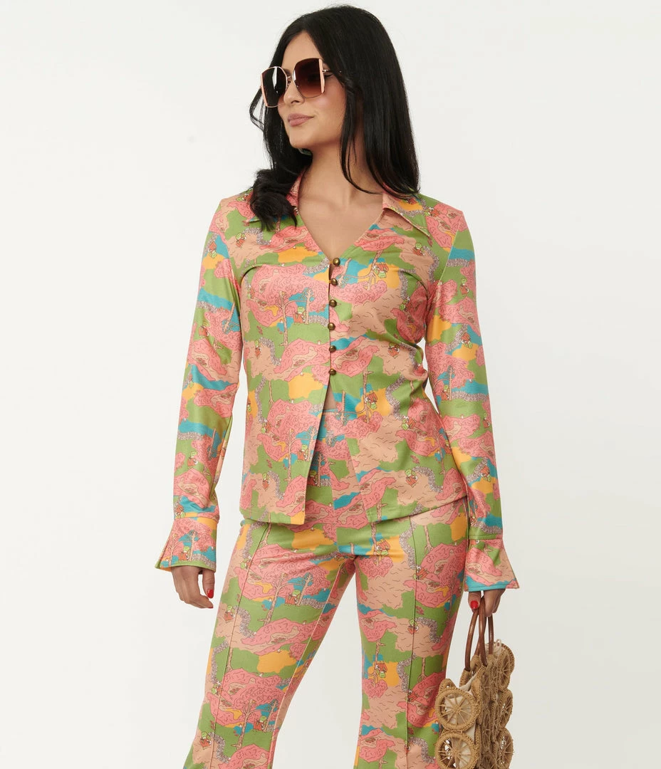 Unique Vintage Walk In The Park Print Blouse