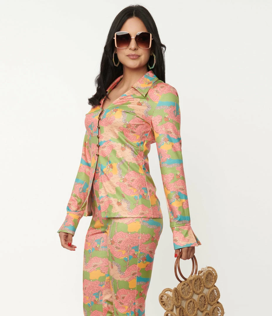 Unique Vintage Walk In The Park Print Blouse