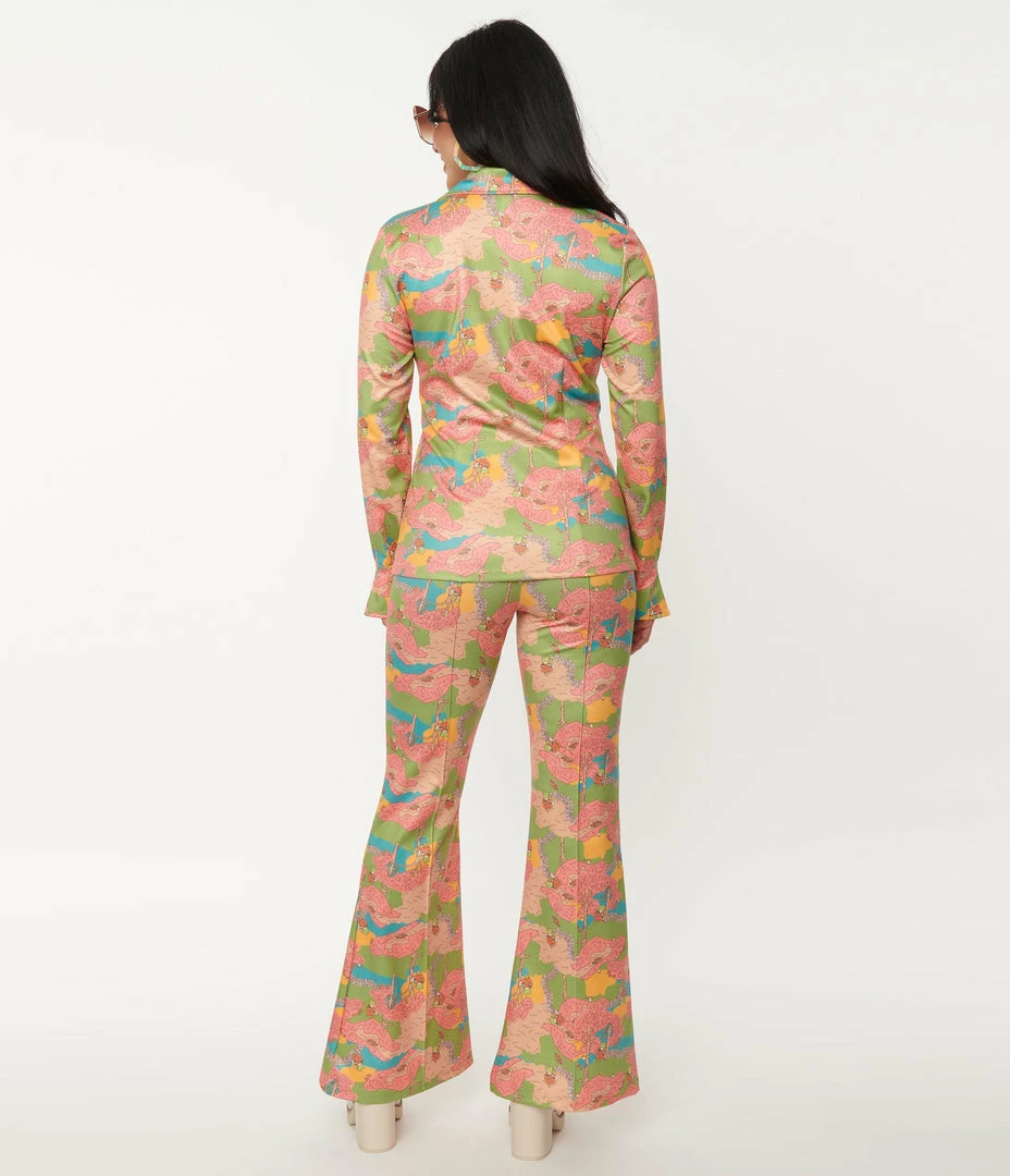 Unique Vintage Walk In The Park Print Flare Pants