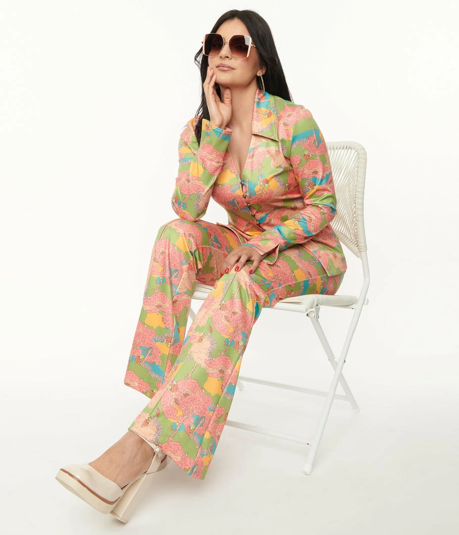 Unique Vintage Walk In The Park Print Flare Pants