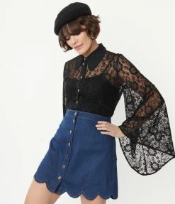 Smak Parlour Black Floral Lace Bell Sleeve Blouse