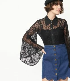 Smak Parlour Black Floral Lace Bell Sleeve Blouse