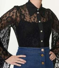 Smak Parlour Black Floral Lace Bell Sleeve Blouse