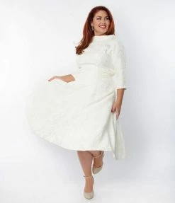 Unique Vintage Plus Size Ivory Brocade Bridal Swing Dress Clothing