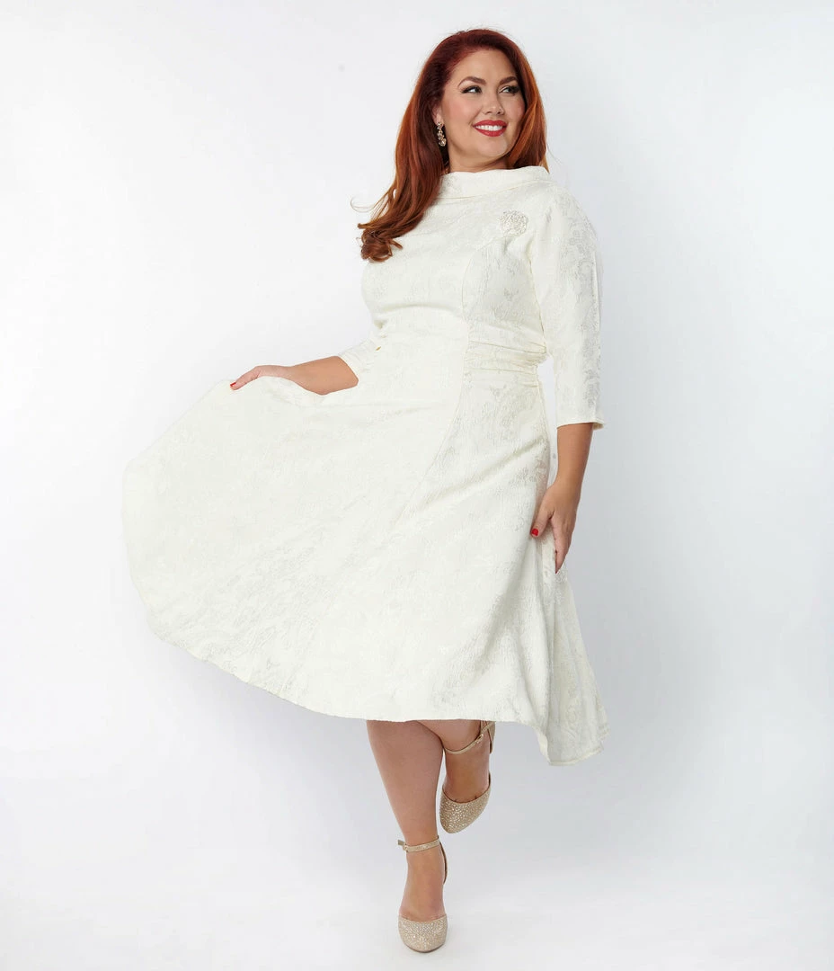 Unique Vintage Plus Size Ivory Brocade Bridal Swing Dress Clothing