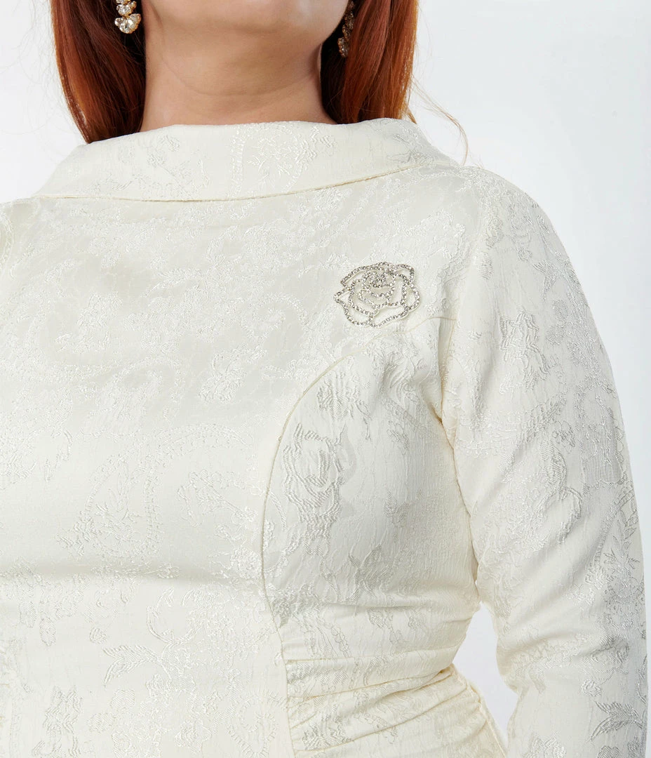 Unique Vintage Plus Size Ivory Brocade Bridal Swing Dress Clothing