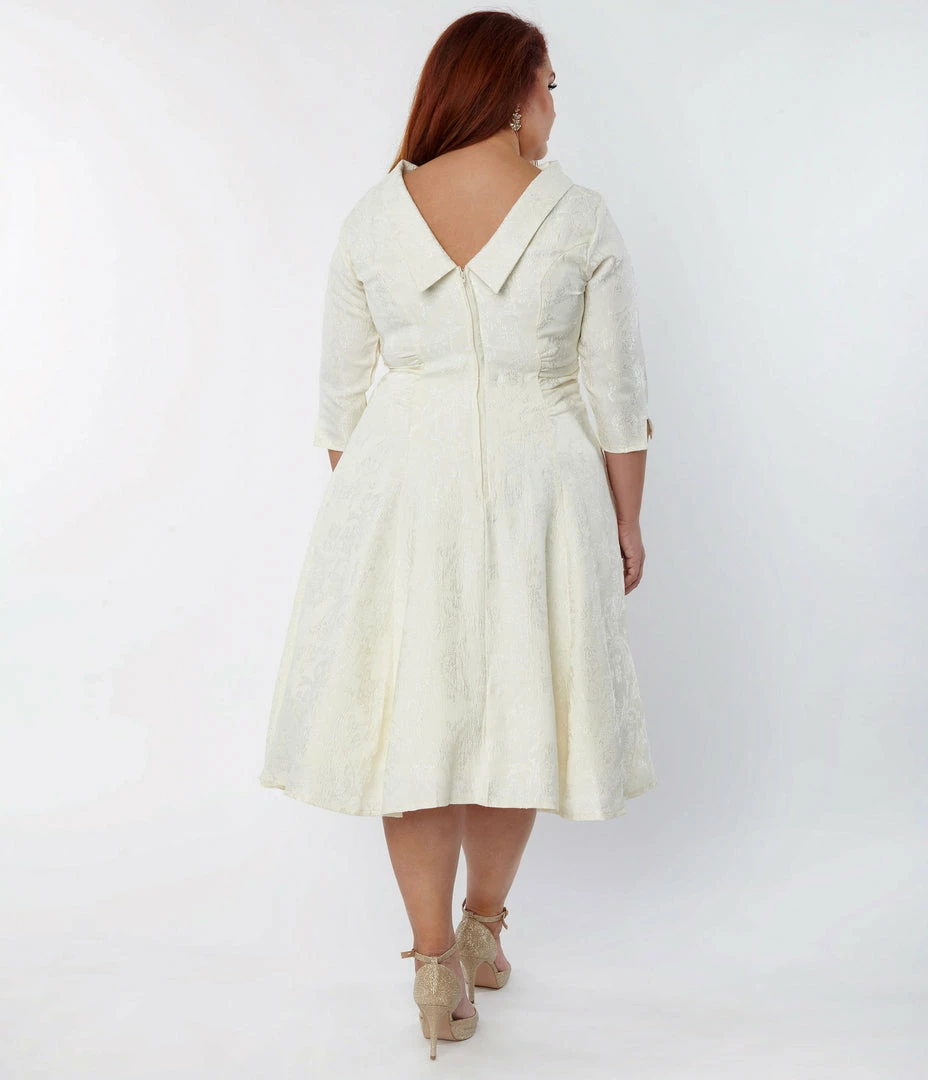 Unique Vintage Plus Size Ivory Brocade Bridal Swing Dress Clothing