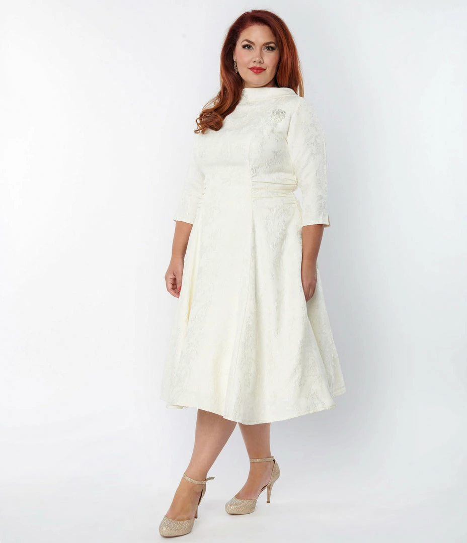 Unique Vintage Plus Size Ivory Brocade Bridal Swing Dress Clothing