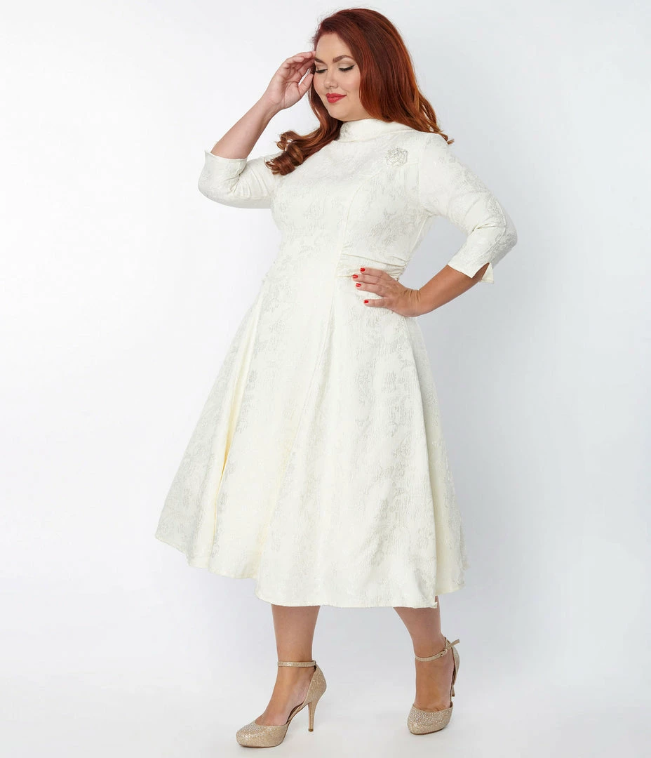 Unique Vintage Plus Size Ivory Brocade Bridal Swing Dress Clothing