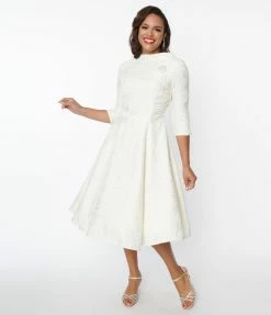 Clothing Unique Vintage Ivory Brocade Bridal Swing Dress