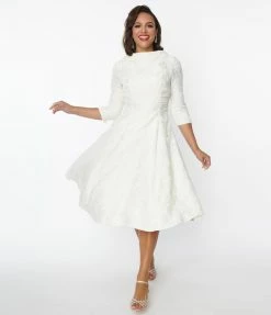 Clothing Unique Vintage Ivory Brocade Bridal Swing Dress